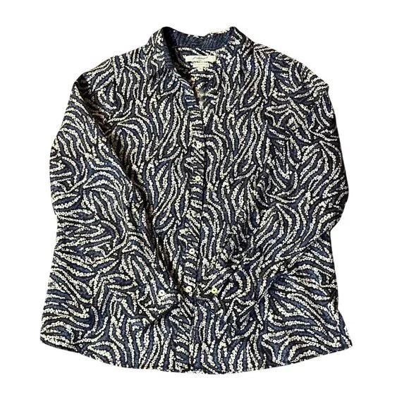 Foxcroft No-Iron Shirt Women's 14 Blue Black White Print Long Sleeve Used - Picture 3 of 12